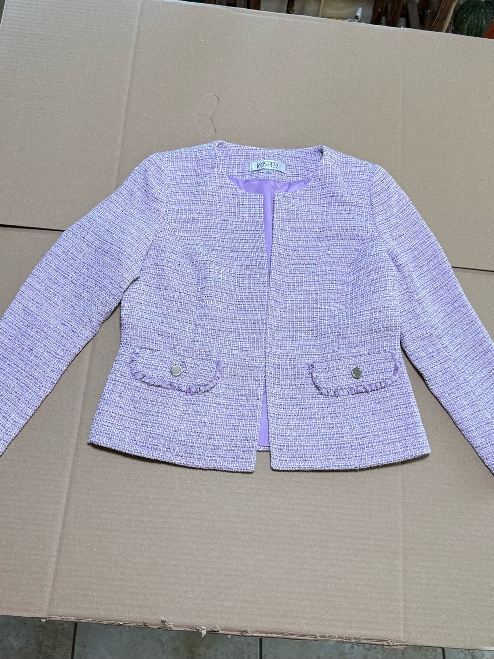Kasper Petite Tweed Blazer Jacket Size Size 6 Lavender Purple Fringe Pocket